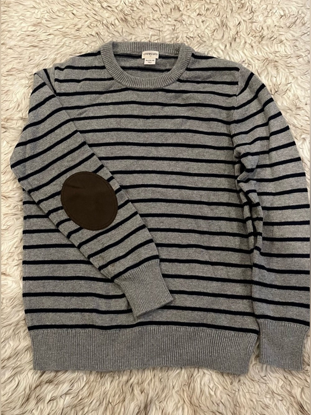 J.CREW Factory Crewcuts elbow-patch crewneck sweater - Blue/Grey Stripe 12-14